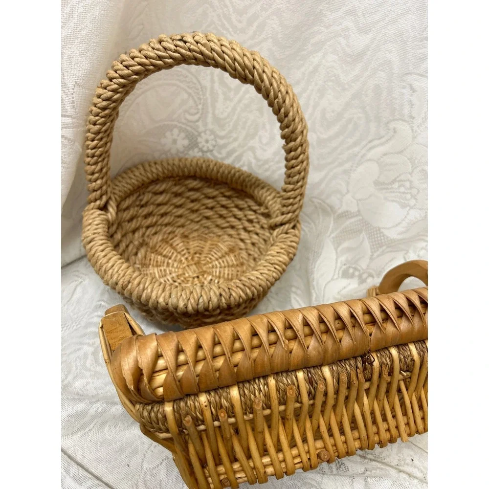 Vintage Woven Wicker Basket Set Round Rope Handle‎ and Rectangular Wood Handle
